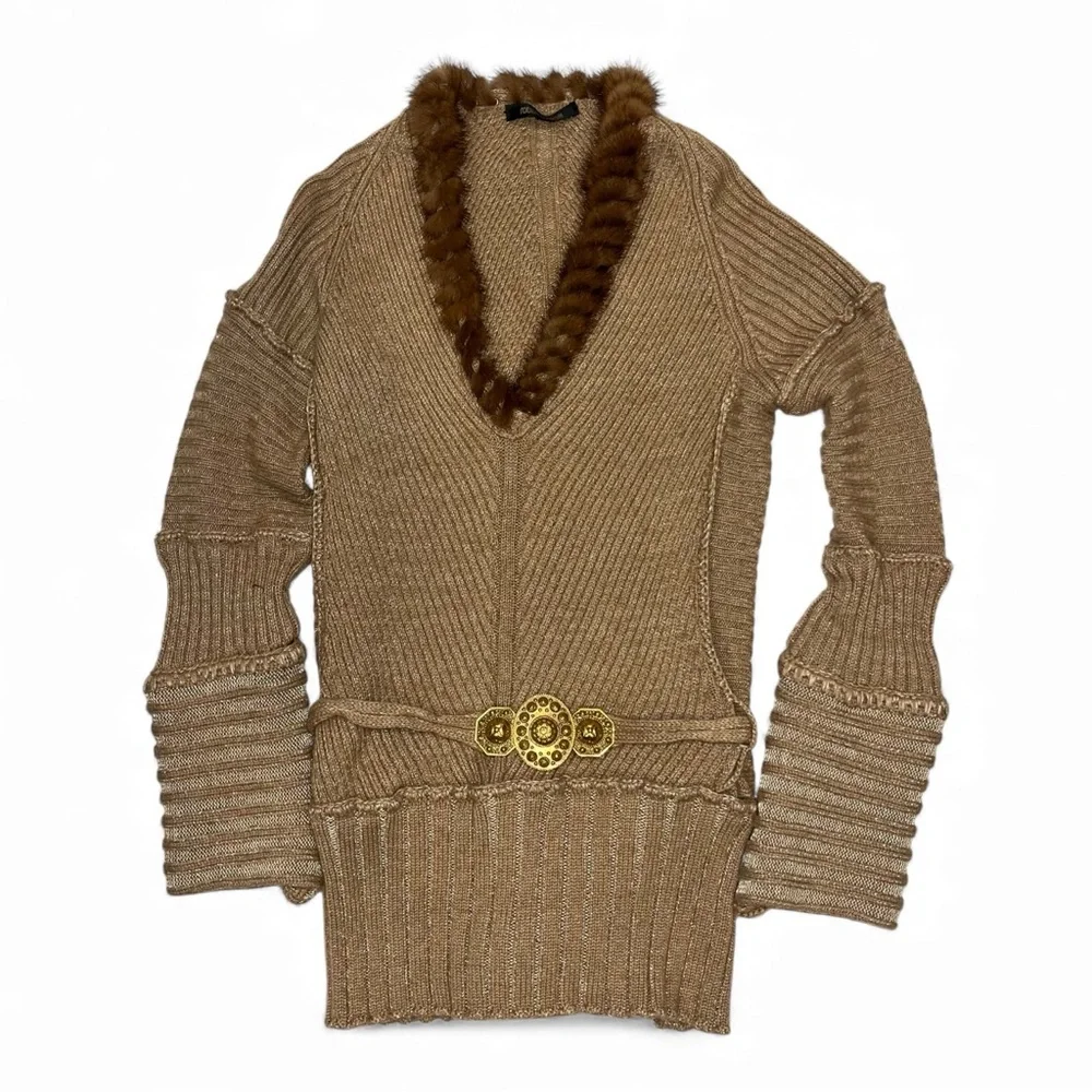 Roberto Cavalli Tan Sweater Camel Hair Belted Medallion V Neck 6 VTG Vintage 🟡